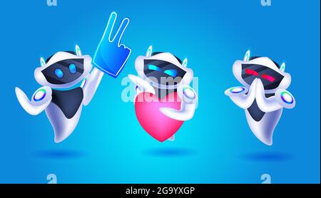 cute robots with social media icons modern robotic characters online communication artificial intelligence Stock Vector