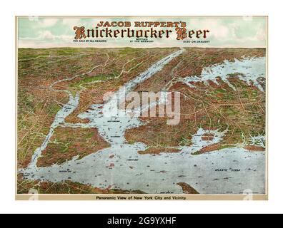 Click On Vintage Birds eye view map of New York City by Knickerbocker Beer (1912) Stock Photo
