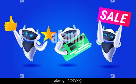cute robots with credit card modern robotic characters team artificial intelligence technology shopping concept Stock Vector