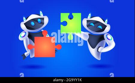 cute robots putting puzzle parts together modern robotic characters team solving problems artificial intelligence Stock Vector