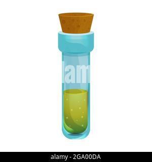 Magic Bottle with liquid potion elixir lab game icon in cartoon style isolated on white background. Glass jar, spooky wizard, alchemy asset. Vector illustration Stock Vector