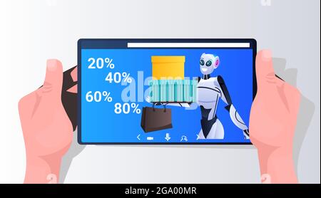 modern robot holding colorful purchases shopping bags on smartphone screen artificial intelligence technology concept Stock Vector