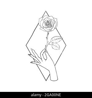 Vintage Mystic Hand holding rose flower drawing on diamond shape Stock Vector