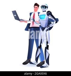 businessman with robot using laptop artificial intelligence technology concept Stock Vector
