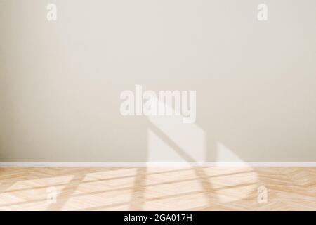 Interior scene: empty living room in a loft style building. Bright wall, wooden parquet floor, direct sunlight showing the window pattern. 3d render