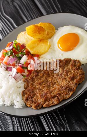 Silpancho is an incredible Bolivian meal made of rice and is topped with a pan fried burger, salsa, fried potatoes, and egg closeup in the plate on th Stock Photo