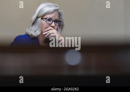 US Representative Liz Cheney (R-WY) looks on during a hearing of the House select committee investigating the Jan. 6 attack on July 27, 2021 at the U.S. Capitol in Washington, DC. Photo by Andrew Caballero-Reynolds/Pool/ABACAPRESS.COM Stock Photo