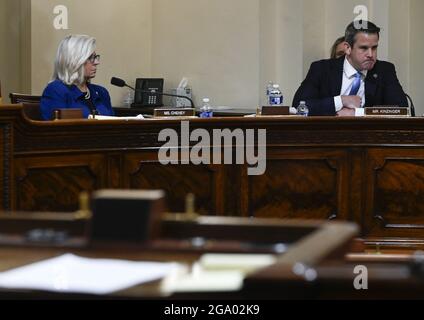 US Representative Adam Kinzinger speaks as Representative Liz Cheney (R-WY) (left) looks on during a hearing of the House select committee investigating the January 6 attack on July 27, 2021 at the US Capitol in Washington, DC. Photo by Andrew Caballero-Reynolds/Pool/ABACAPRESS.COM Stock Photo