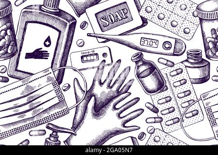 Artistic seamless pattern with pills and medicines, medical face mask, sanitizer bottles, medical thermometer, coronavirus rapid test, soap, medical Stock Vector