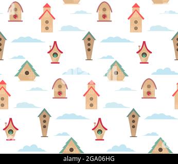 Seamless pattern with simple bird houses with clouds on a white background. Childrens texture with small homes. Vector flat surface for fabrics and wa Stock Vector
