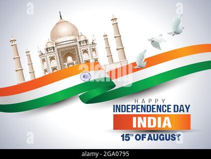 taj mahal with15th August Happy Independence Day of India. vector illustration design of wavy Indian flag and pigeon Stock Vector