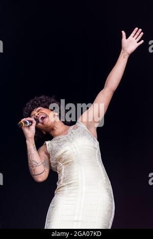 Elesha Paul Moses performing live at the Soultasia music festival at Maldon, Essex, UK in July 2021 after COVID restrictions. Whitney Houston tribute Stock Photo