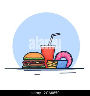 Junk food trendy contour illustration. A glass of sweet soda, a hamburger, fries and a donut. Vector cartoon modern outline illustration of unhealthy Stock Vector