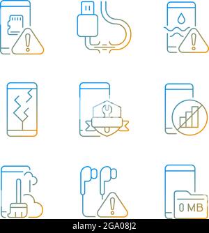 Mobile phone technical issues gradient linear vector icons set Stock Vector