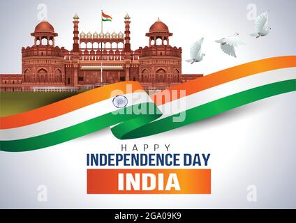 red fort background with flying pigeon. India Independence Day 15 August Celebration Card, poster, Badges Vector Template Stock Vector