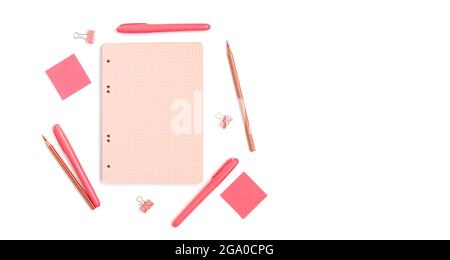 Pink school stationery mockup isolated on a white background. Blank pink sheet template with a copy space. Back to school concept. View from above. Sp Stock Photo