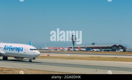 MADRID, SPAIN - Jul 16, 2021: A European airplane on the runway of tarmac at Madrid-Barajas Adolfo Suarez Airport in Spain Stock Photo