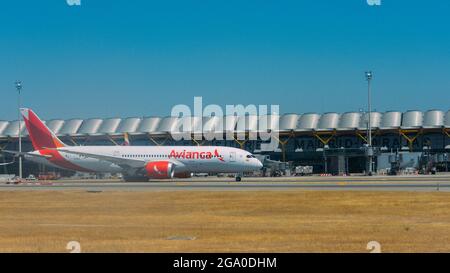 MADRID, SPAIN - Jul 16, 2021: An Avianca Airline on the runway of tarmac at Madrid-Barajas Adolfo Suarez Airport in Spain Stock Photo