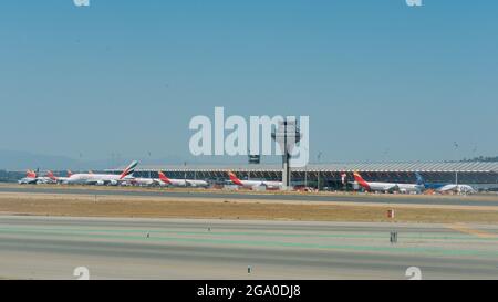 MADRID, SPAIN - Jul 16, 2021: An Iberia Airlines on the runway of tarmac at Madrid-Barajas Adolfo Suarez Airport in Spain Stock Photo