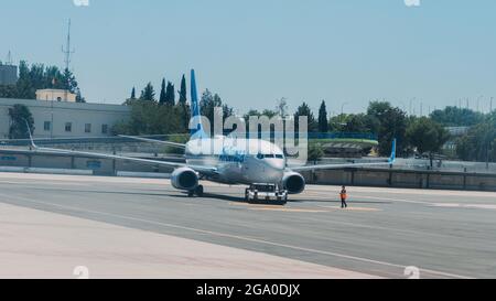 MADRID, SPAIN - Jul 16, 2021: A European airplane on the runway of tarmac at Madrid-Barajas Adolfo Suarez Airport in Spain Stock Photo