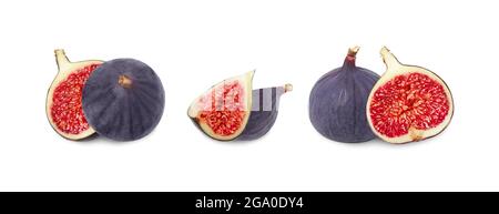 Figs set isolated on a white background. Sliced and whole fresh figs close up. Fruit collection. Stock Photo