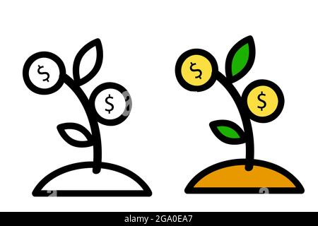 Simple Vector Icon, Small Plant, Representing Growth Investment with dollar coin Stock Vector