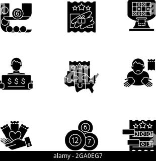 Lottery games types black glyph icons set on white space Stock Vector