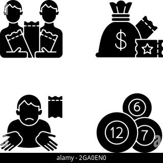 Taking part in lottery black glyph icons set on white space Stock Vector