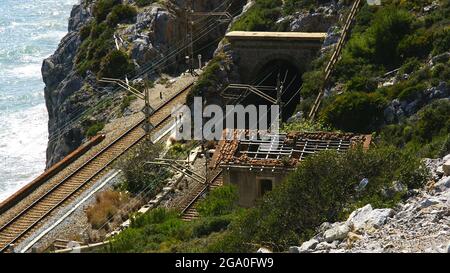 Tunnel and train tracks on the coast of El Garraf in Barcelona, Catalunya, Spain, Europe Stock Photo