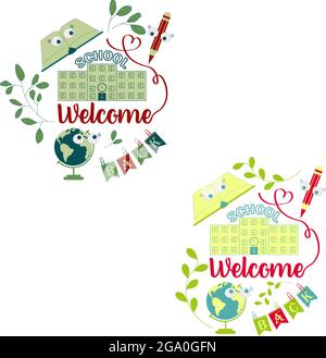 Set of compositions with welcome back to school typography with funny eyes isolated on a transparent background Stock Vector