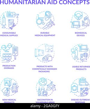 Humanitarian aid production concept icons set. Stock Vector