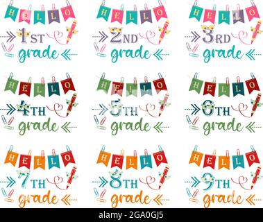 Set of compositions with hello school typography with funny pen isolated on a transparent background Stock Vector