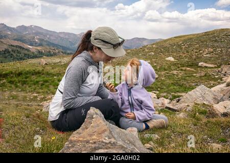 Mother and daughter in the mountains, Colorado Stock Photo