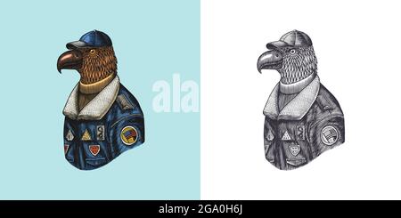 Eagle character in coat. Aviator pilot. Fashionable animal, vitorian airman or skyman. Hand drawn Bird. Engraved old monochrome sketch. Vector Stock Vector