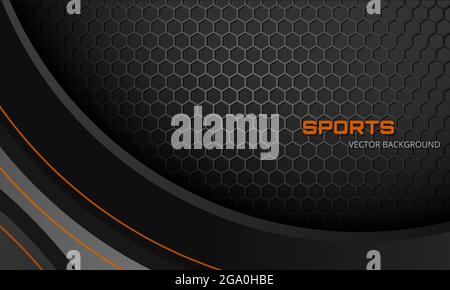 Dark gray abstract sports vector background with hexagon carbon fiber and orange lines. Futuristic modern sporty gaming banner. Vector illustration. Stock Vector