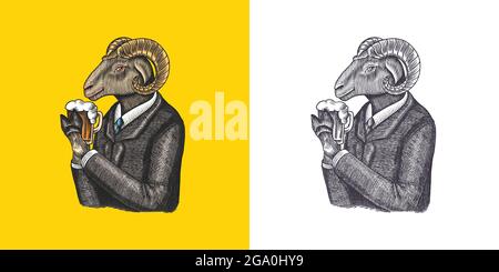 Sheep character. Ovis or mutton with beer. Fashionable animal, vitorian gentleman in a jacket. Hand drawn Engraved old monochrome sketch. Vector Stock Vector