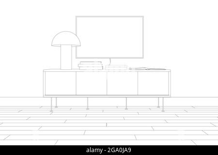 Contour of room with TV, table and books isolated on white background. Front view. Vector illustration. Stock Vector