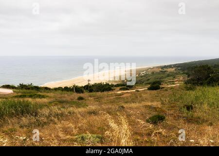 Nazare, Portugal - June 30, 2021: View of the North Beach, one of Europe's most popular surfing areas, from Nazare Sito Stock Photo