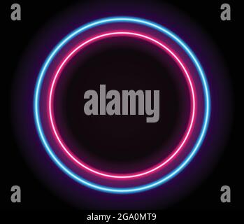 Bright neon ring light. Pink and blue neon circle vector illustration on dark wall. Glowing circle. Stock Vector