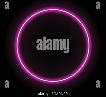 Bright neon ring light. Pink neon circle vector illustration on dark wall. Glowing circle. Stock Vector