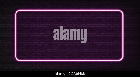 Neon pink light on brick wall vector illustration. Neon border or frame. Lights sign. Vector abstract neon background for signboard or billboard. Stock Vector
