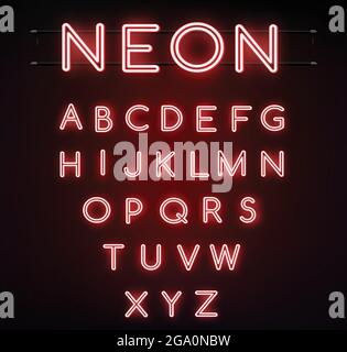 Neon red font vector illustration. Red neon light letters. Glowing alphabets. A-Z Letters. Stock Vector