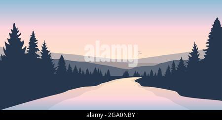 beautiful big river in a forest autumn landscape Stock Vector