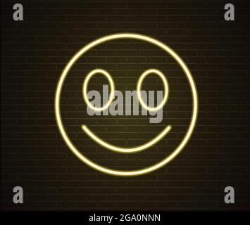 Neon yellow face vector illustration isolated on brick wall. happy face emoji. Smiling emoticon. Stock Vector