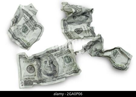 Money crushed one hundred dollar bills isolated on white background with clipping path Stock Photo
