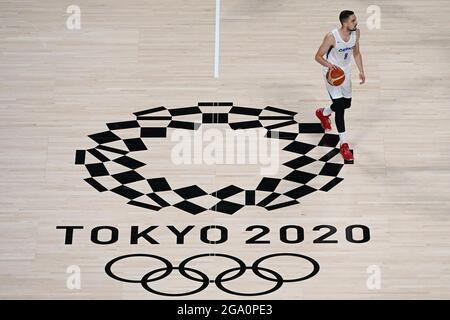 Saitama, Japan. 28th July, 2021. Czech Tomas Satoransky in action during the basketball Group A match Czech Republic vs. France in Tokyo 2020 Summer Olympics, Japan, July 28, 2021. Credit: Ondrej Deml/CTK Photo/Alamy Live News Stock Photo