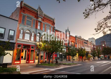 Provo, Utah, USA downtown on Center Street at dusk. Stock Photo