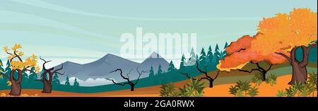 Mountain autumn panoramic landscape, sunny bright day - Vector illustration Stock Vector