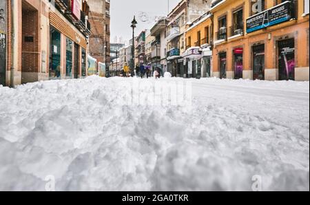 Storm Filomena blankets the streets with heavy snow. Getafe. Community of Madrid. Spain. Stock Photo