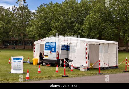 CAMBRIDGE ENGLAND PARKERS PIECE FIELDS COVID 19 MOBILE TESTING UNIT NHS TEST AND TRACE Stock Photo